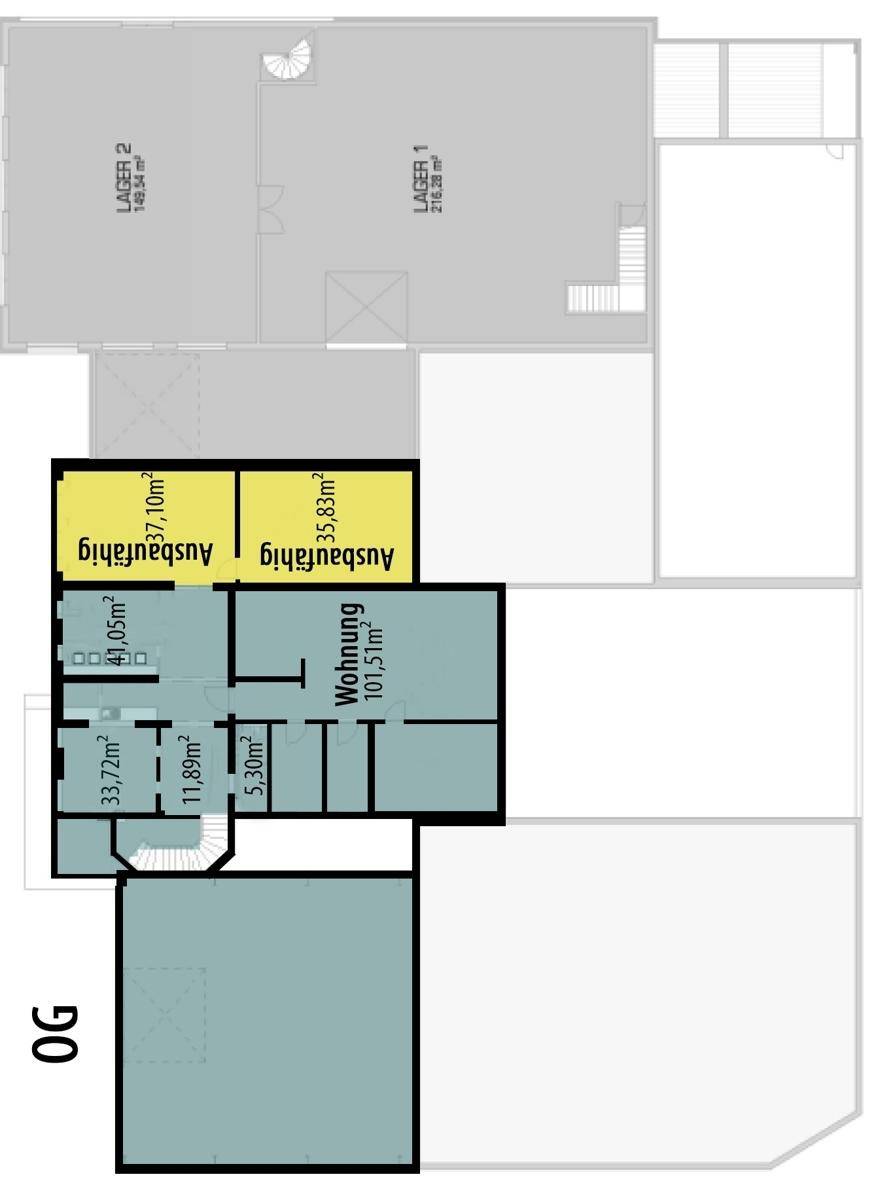 Grundriss des Obergeschosses mit einer Wohnung und ausbaufähigen Bereichen.