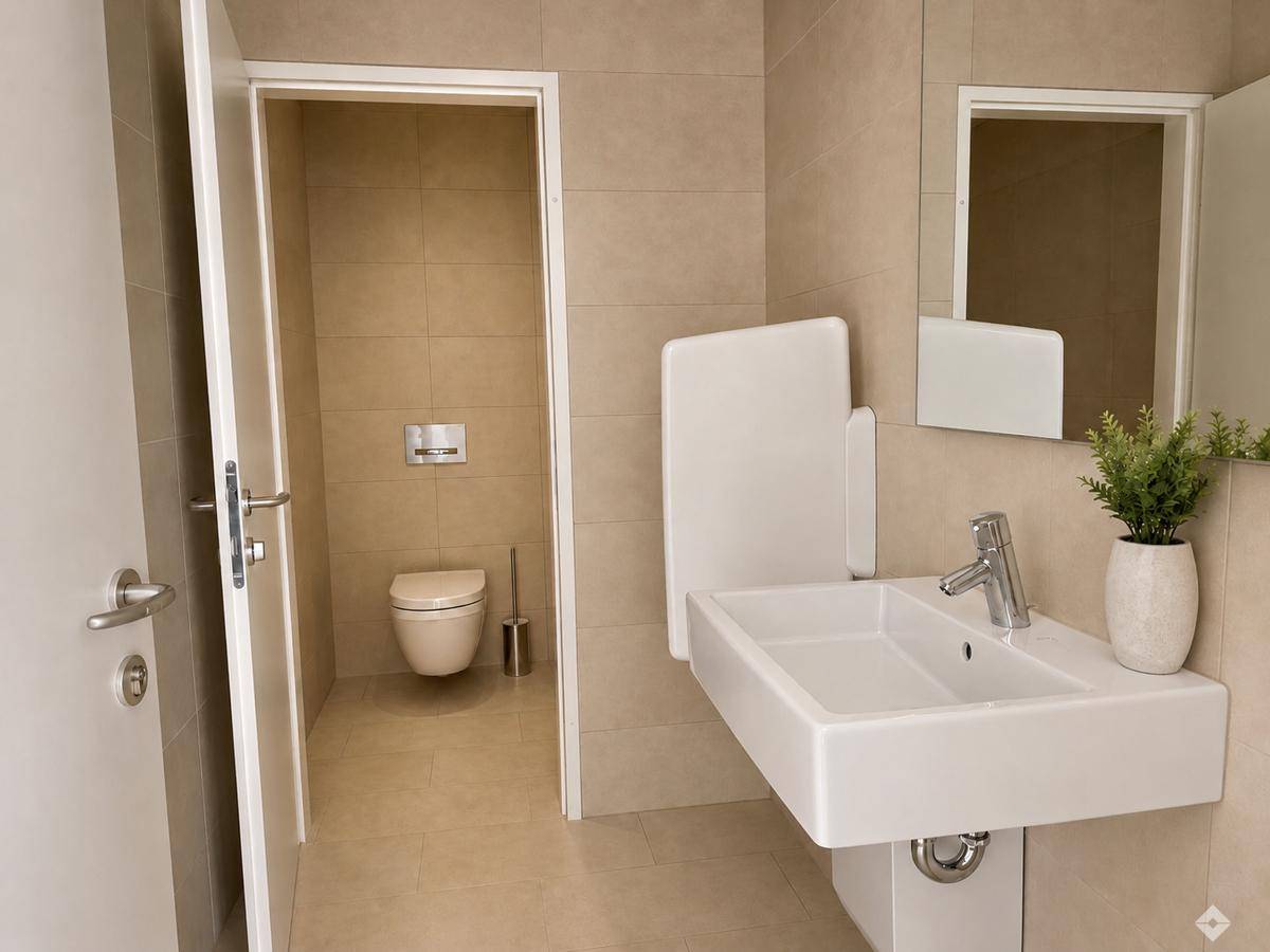 Modernes Badezimmer mit beigefarbenen Fliesen, schwebendem Waschbecken und separatem WC-Bereich.