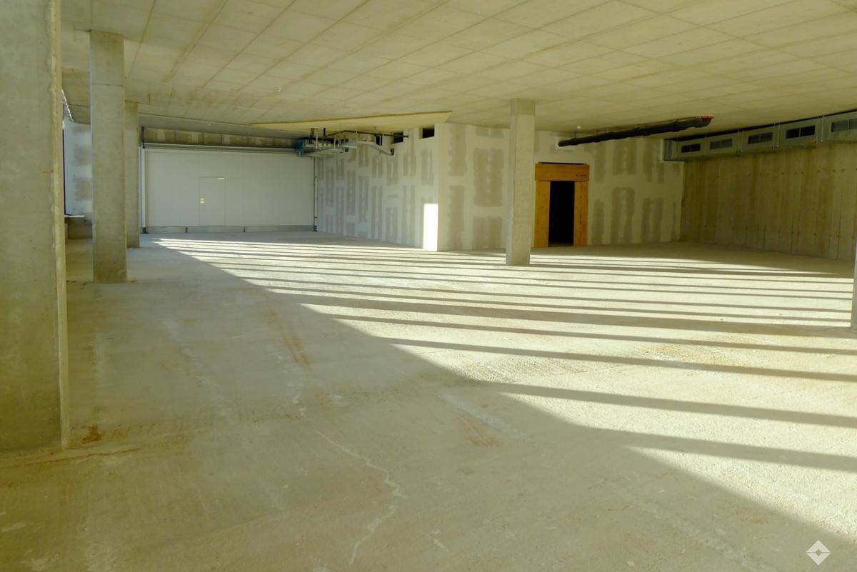 Unmöblierter Gewerberaum im Rohbauzustand mit Betonboden, sichtbaren Säulen und großen Fenstern, die den Raum erhellen.
