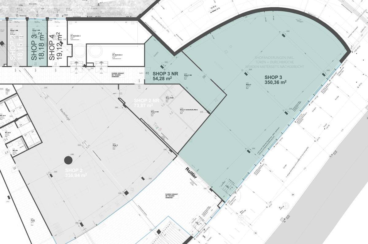 Detaillierter Grundrissplan mit mehreren Ladenflächen und deren jeweiligen Größenangaben in Quadratmetern.