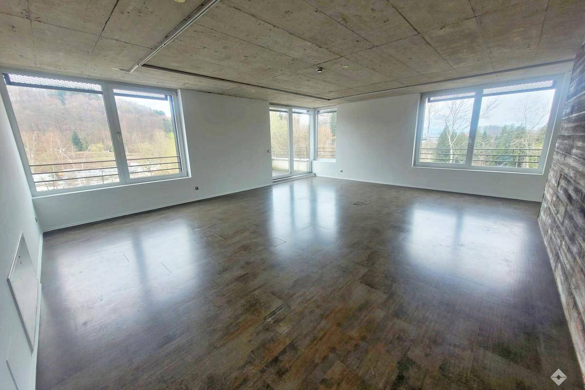 Großer, leerer Raum mit einer markanten Holzwand, Beton-Decke und großen Fenstern, die viel Tageslicht hereinlassen.