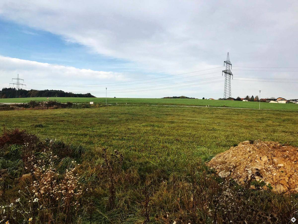 Weitläufige grüne Wiese mit einem Strommast und bewölktem Himmel, im Vordergrund ein Erdhügel.