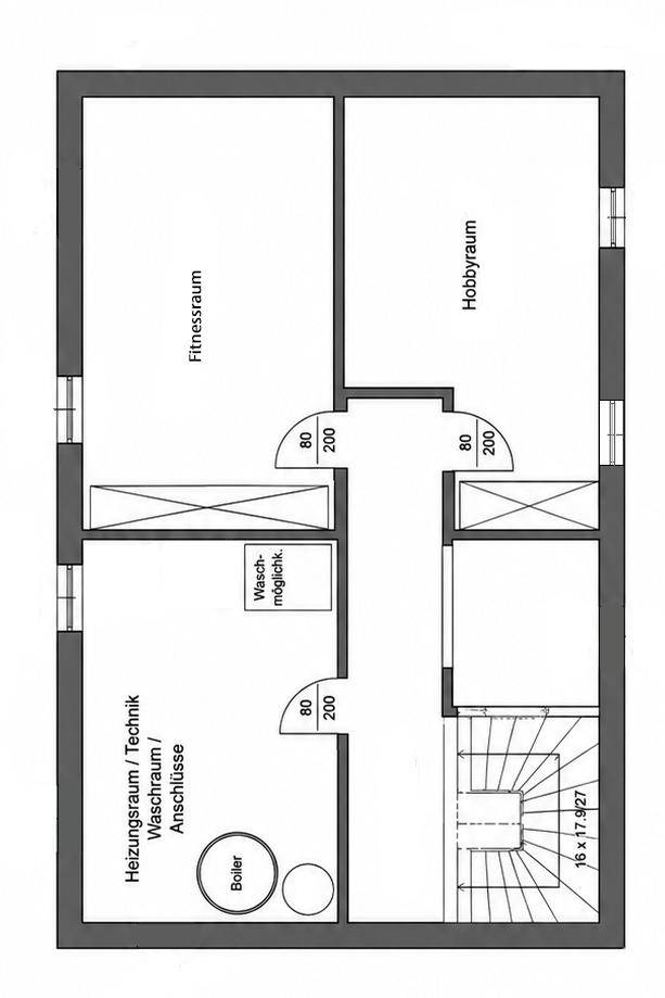 Grundriss des Untergeschosses mit Fitnessraum, Hobbyraum und Technik-/Waschraum.