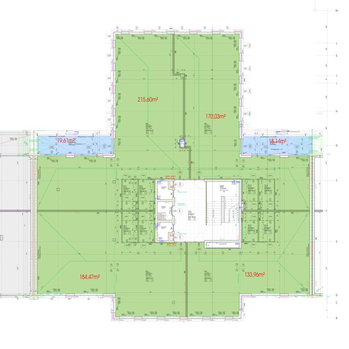 Detaillierter Grundriss mit grün markierten Flächen und verschiedenen Raumgrößen in Quadratmetern.