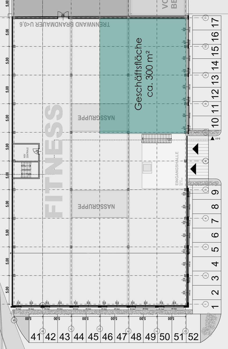 Grundriss einer Gewerbefläche mit Fitnessbereich, Nasszellen und Eingangshalle, inklusive Parkplätzen.