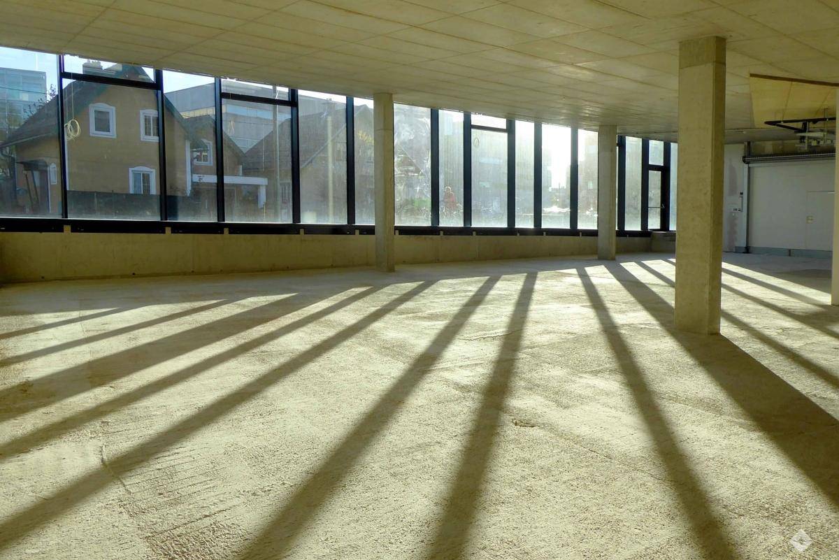 Heller Gewerberaum mit großen Fensterfronten, die einen Blick auf die Umgebung und viel Tageslicht bieten.