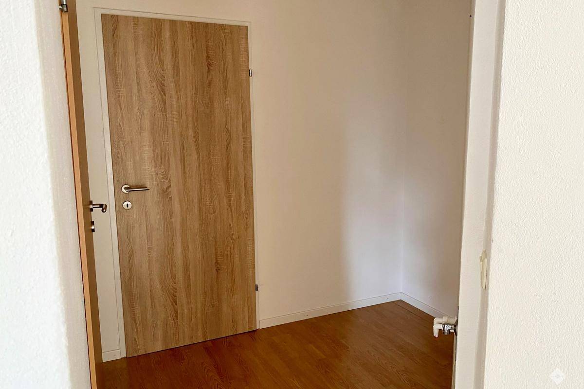 Leerer Raum oder Flur mit Holzboden und einer Holztür.