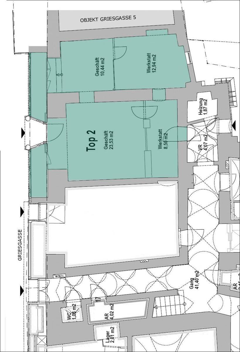 Grundrissplan des Geschäfts mit Verkaufsflächen, Werkstätten und Nebenräumen in Griesgasse 5.