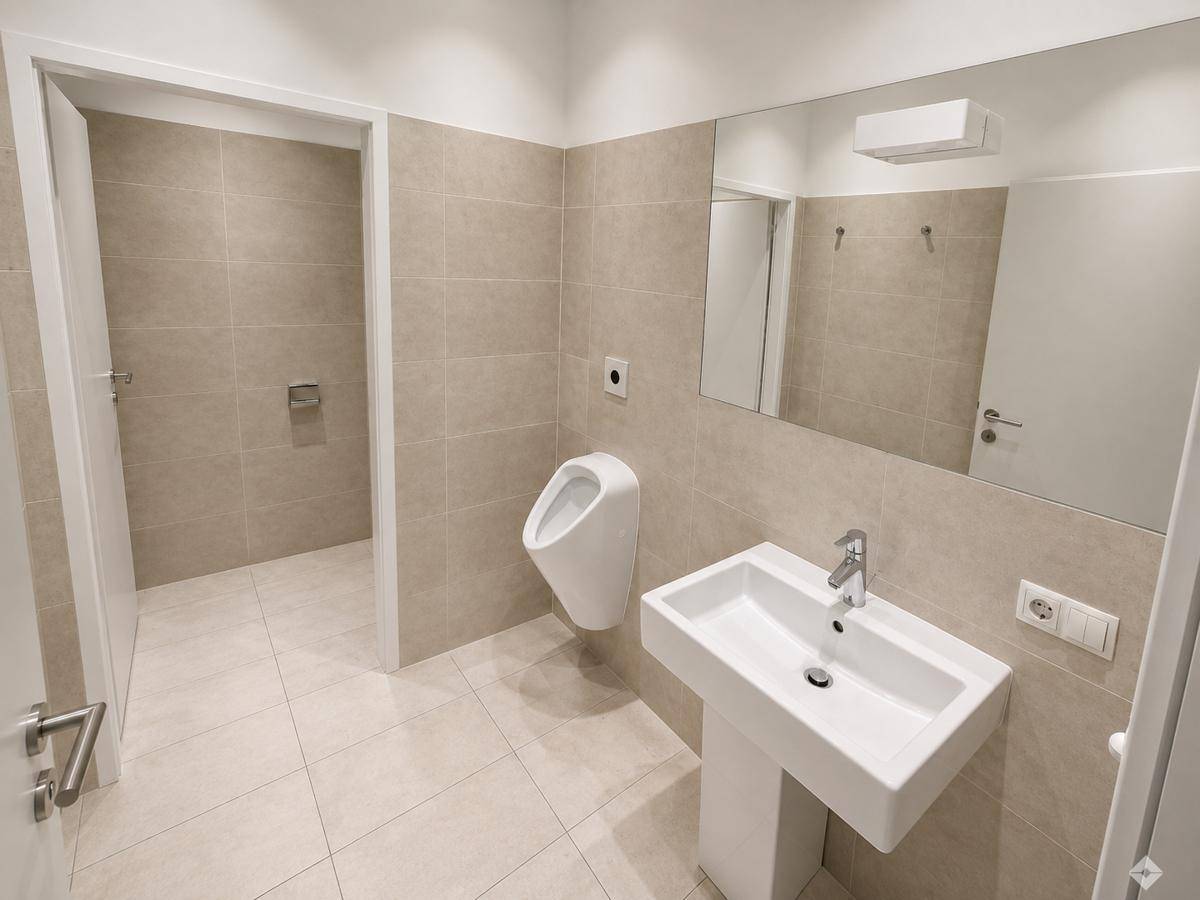 Modernes Gäste-WC mit Urinal, Waschbecken und großem Spiegel, hell gefliest.