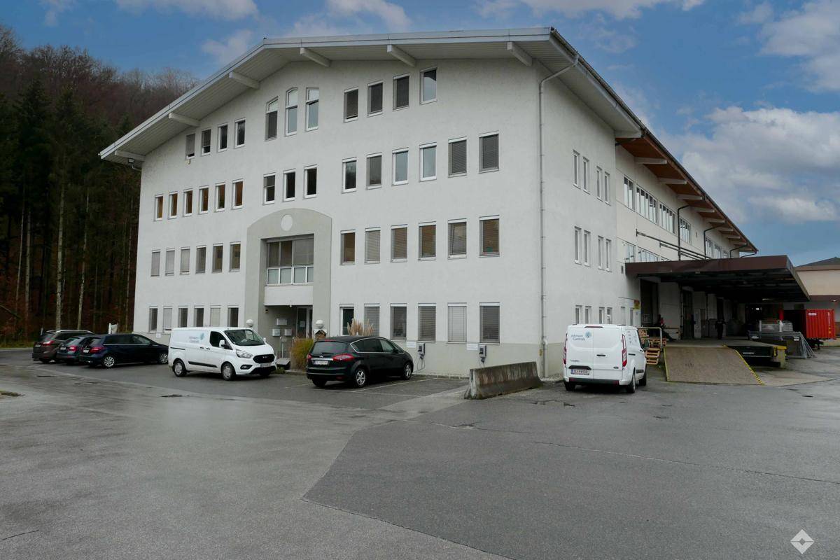 Ansicht eines modernen Gewerbegebäudes mit Laderampen und einem großen Parkplatzbereich.