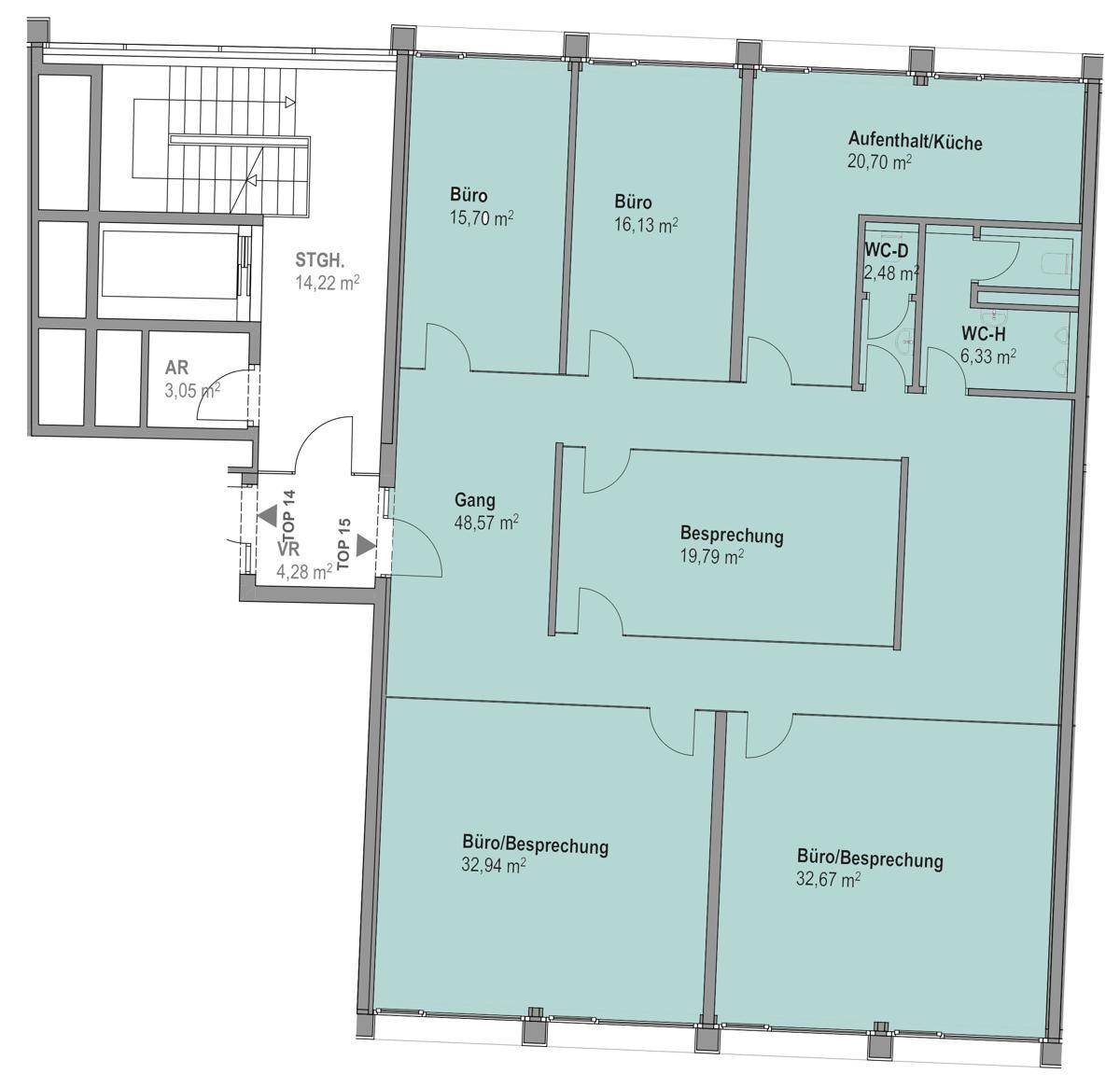 Detaillierter Grundrissplan einer Büroetage mit mehreren Büros, Besprechungsraum und Teeküche.