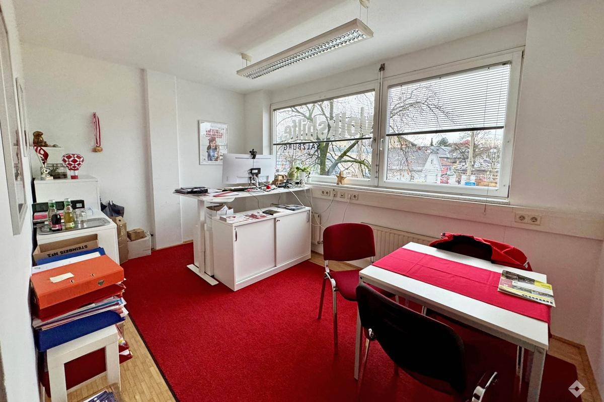 Modern eingerichtetes Büro mit Stehschreibtisch, rotem Teppich und großen Fenstern.