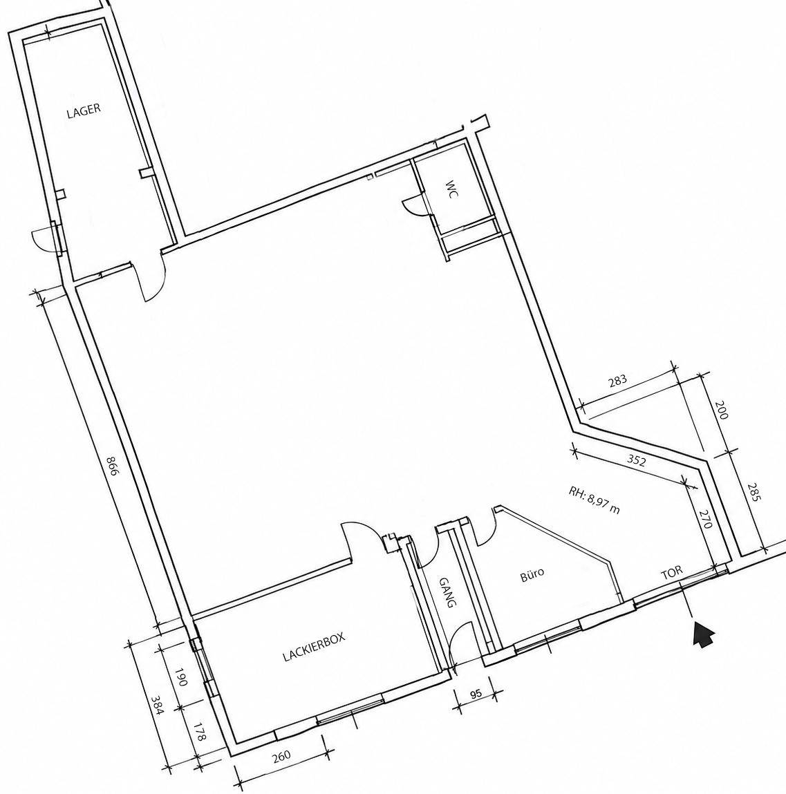 Grundriss eines Gewerbeobjekts mit Lager, Büro, Lackierbox und WC, inklusive Maßen.