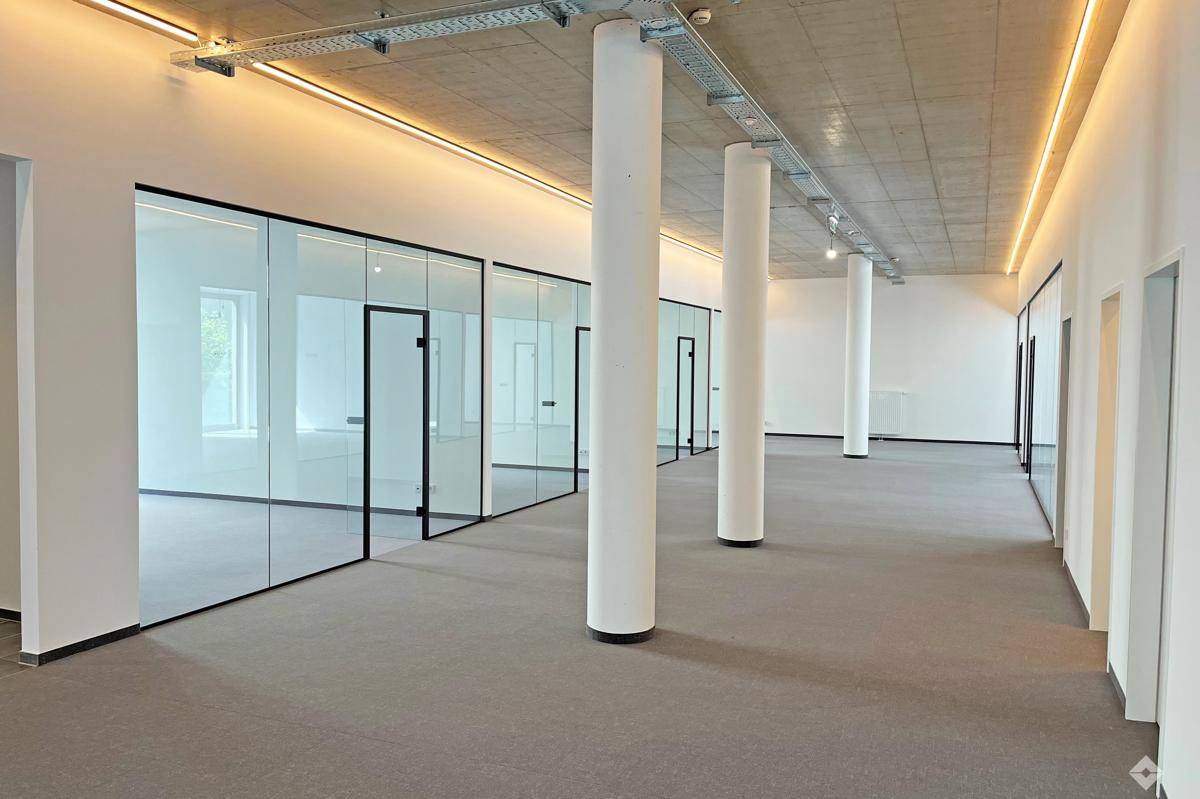 Großzügiges Büro mit mehreren Säulen, Teppichboden und Glasabtrennungen.