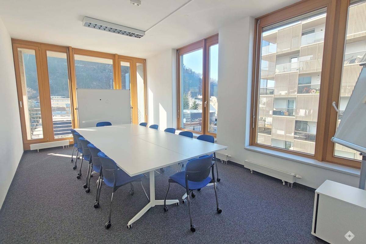 Heller Konferenzraum mit großen Fenstern, Teppichboden und Blick auf die Umgebung und Berge.