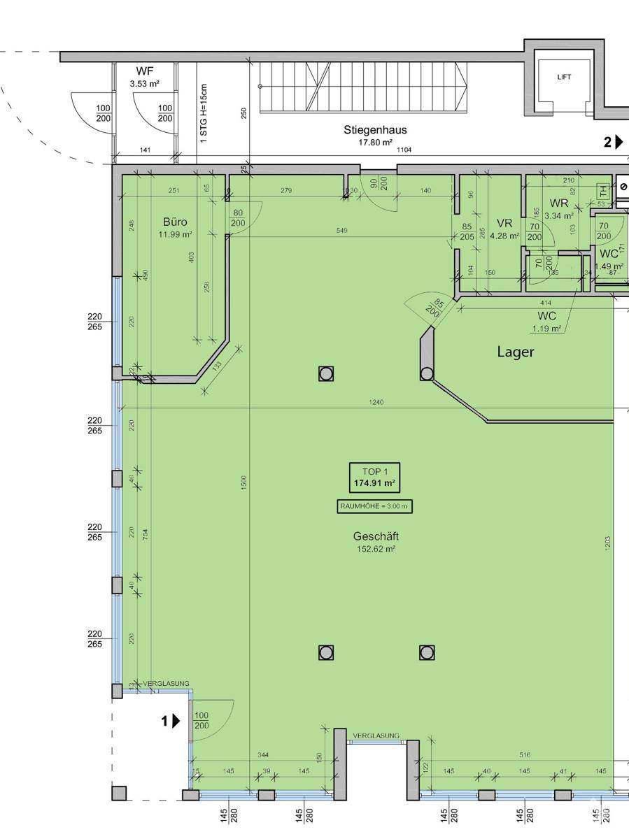 Grundrissplan einer Gewerbeeinheit mit Ladenfläche, Büro, Lager und Sanitärbereichen.