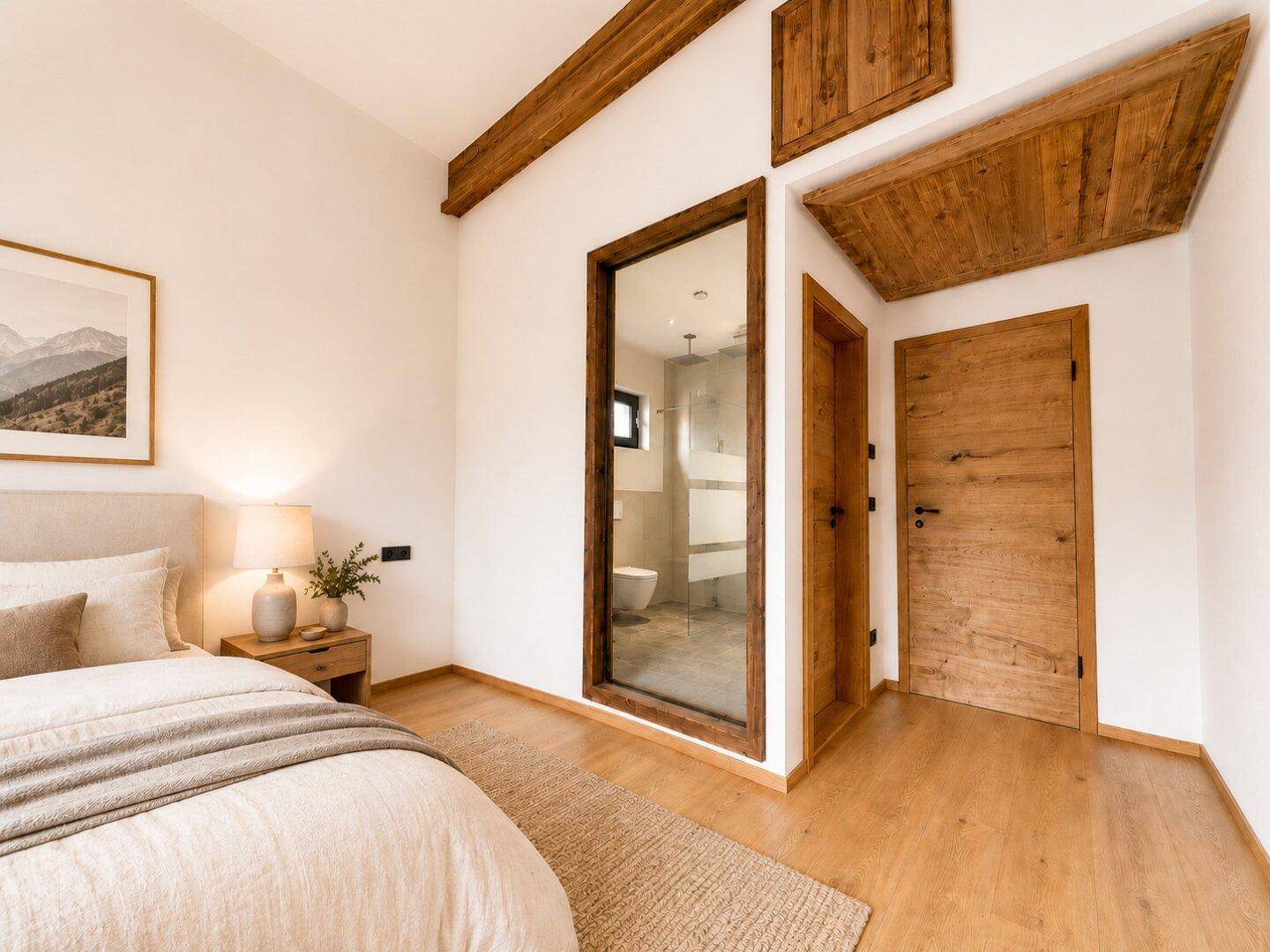 Schlafzimmer mit Holzboden, Holztüren und integriertem Badezimmer mit Glaswand.