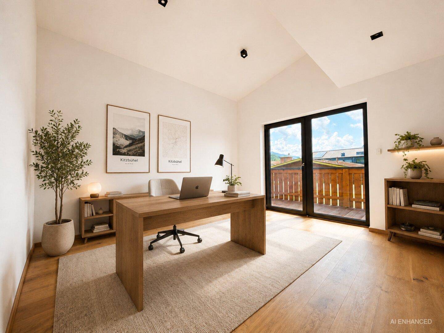Helles Arbeitszimmer mit Holzboden, modernem Schreibtisch und Zugang zum Balkon.