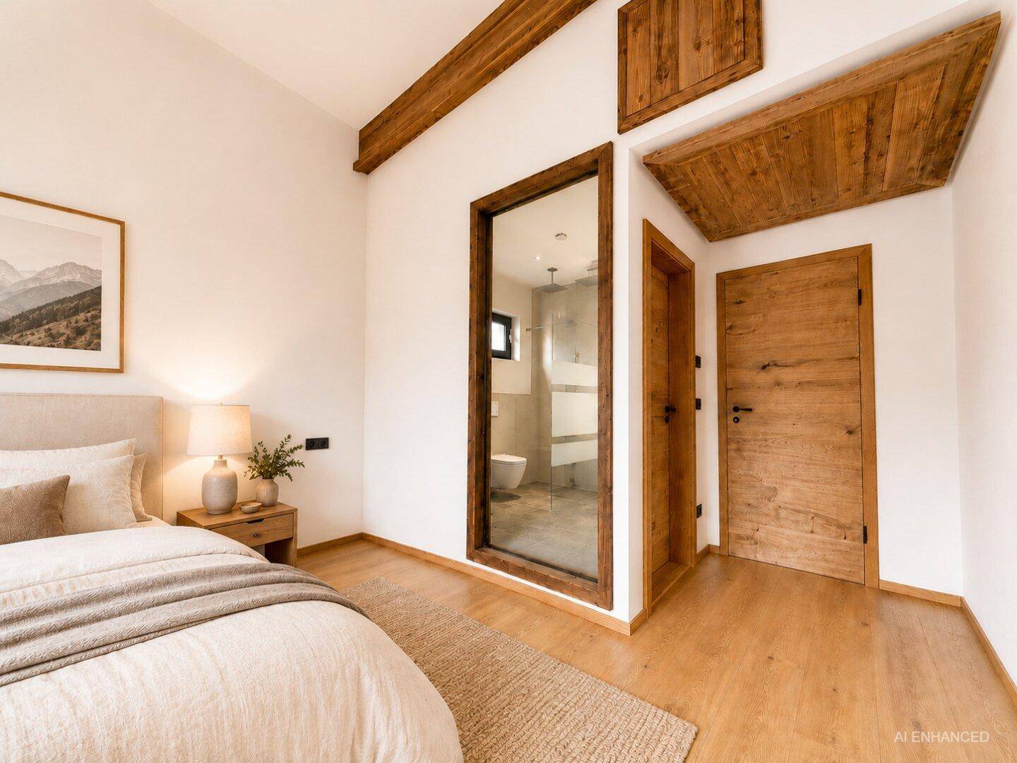 Gemütliches Schlafzimmer mit Holzboden, Holzbalken und Blick in ein modernes Bad.
