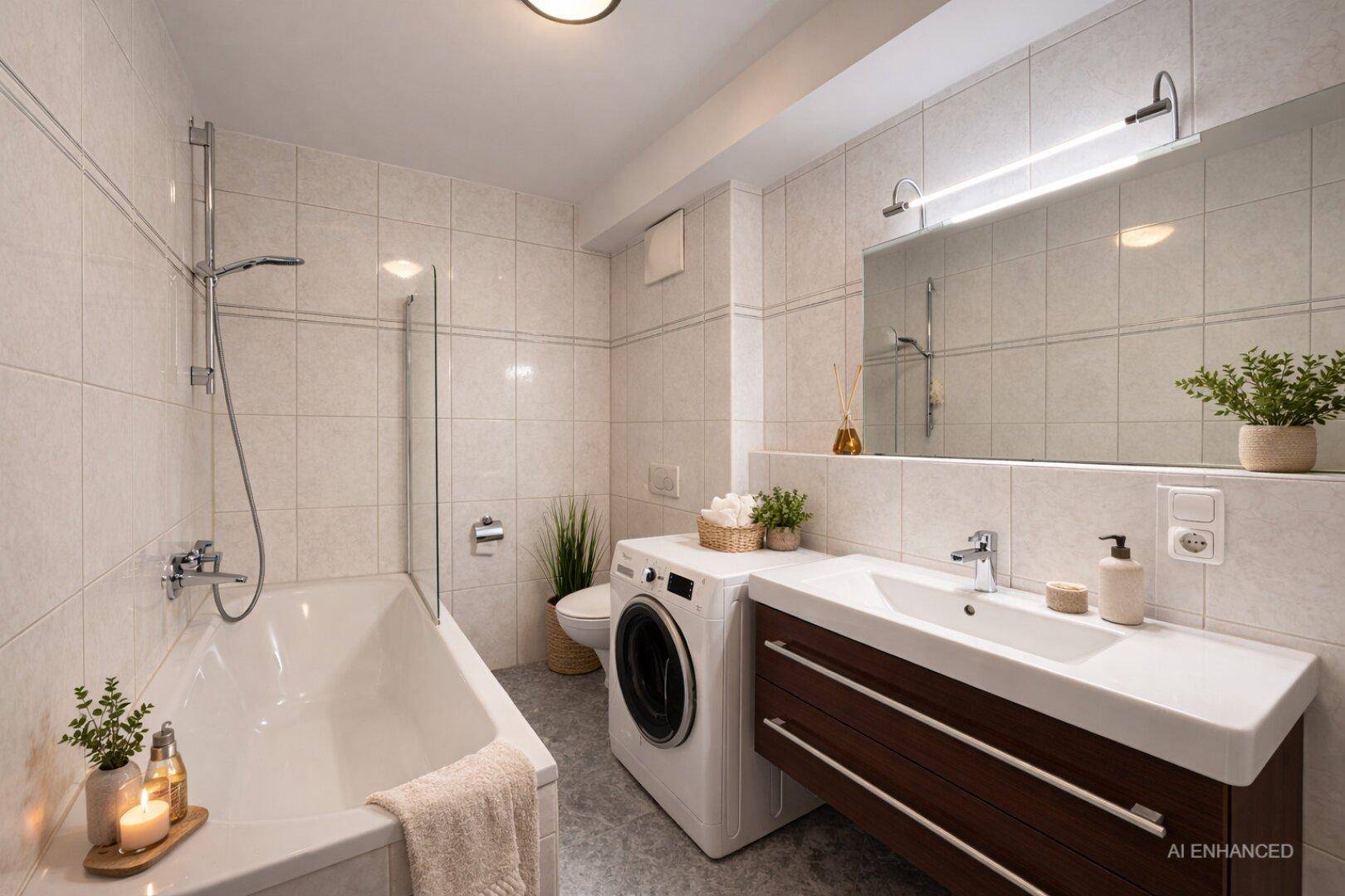 Helles Badezimmer mit Badewanne, Dusche, modernem Waschtisch und Waschmaschine.