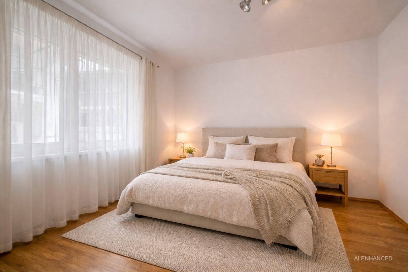 Gemütliches Schlafzimmer mit Doppelbett, Nachttischen und viel Tageslicht durch große Fenster.
