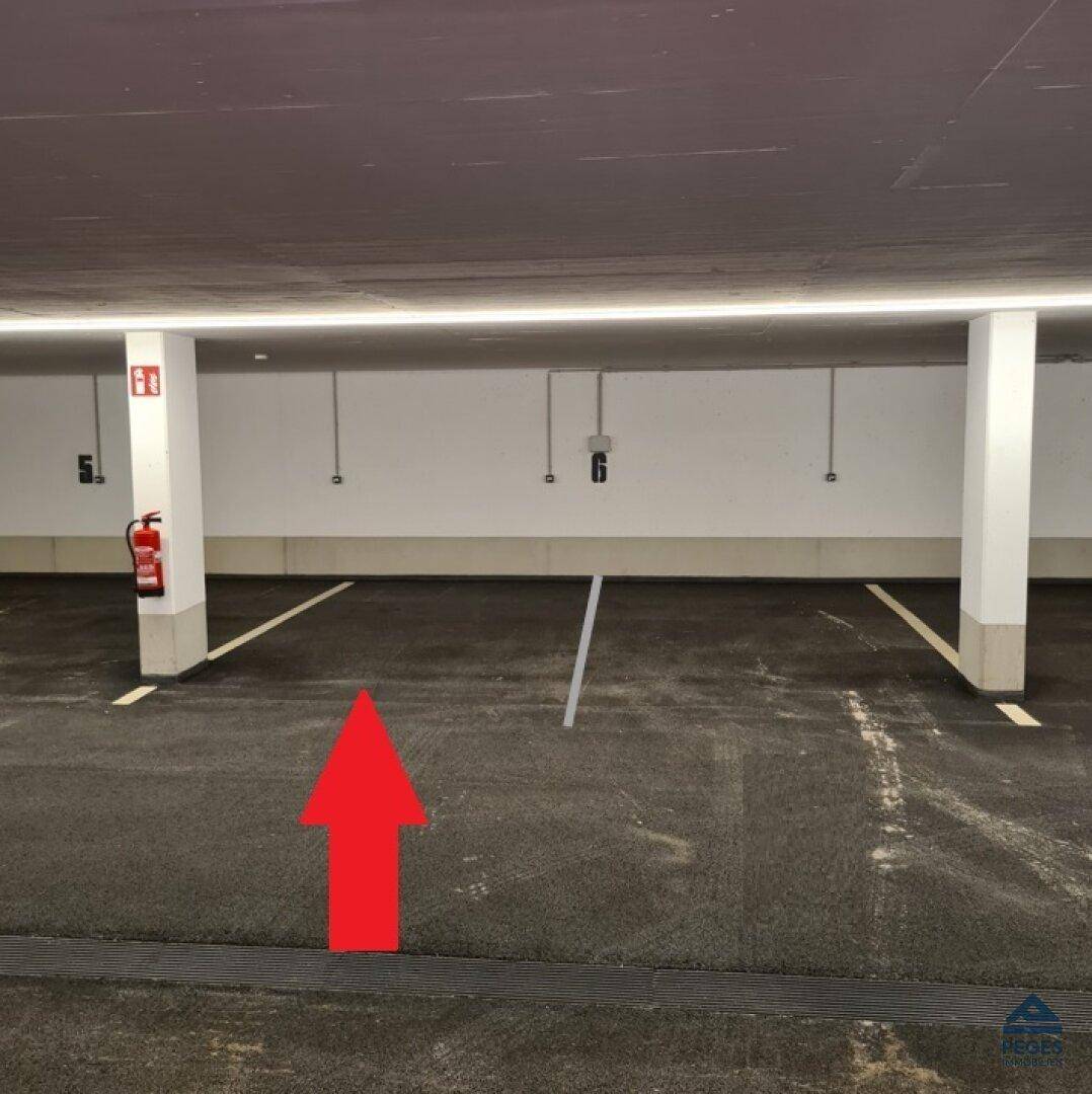 Tiefgarage mit markierten Stellplätzen, Säulen und Brandschutzvorrichtung an der Wand.