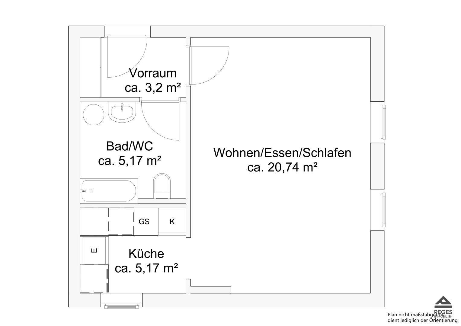 Grundriss einer Wohnung mit offenem Wohn-/Ess-/Schlafbereich, separater Küche und Bad/WC.