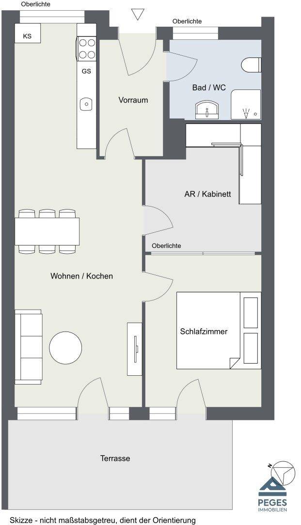 Grundriss einer Wohnung mit offenem Wohn-/Kochbereich, Schlafzimmer und Terrasse.