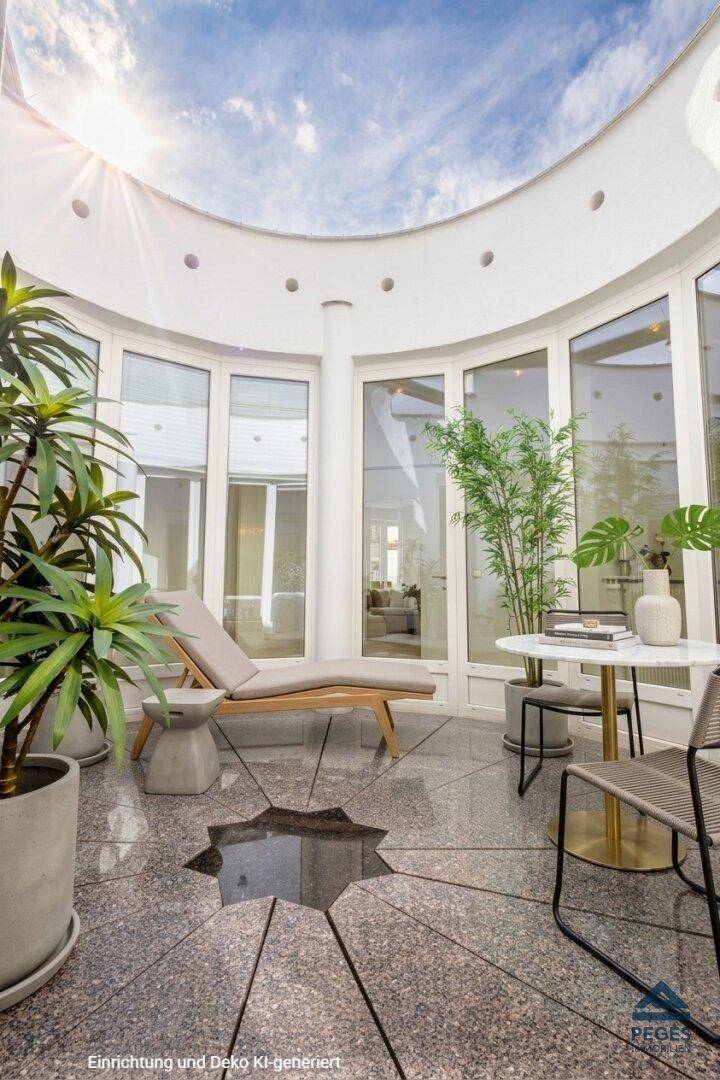 Stilvolle überdachte Terrasse mit Granitboden, bequemen Liegen und Pflanzen für Entspannung.
