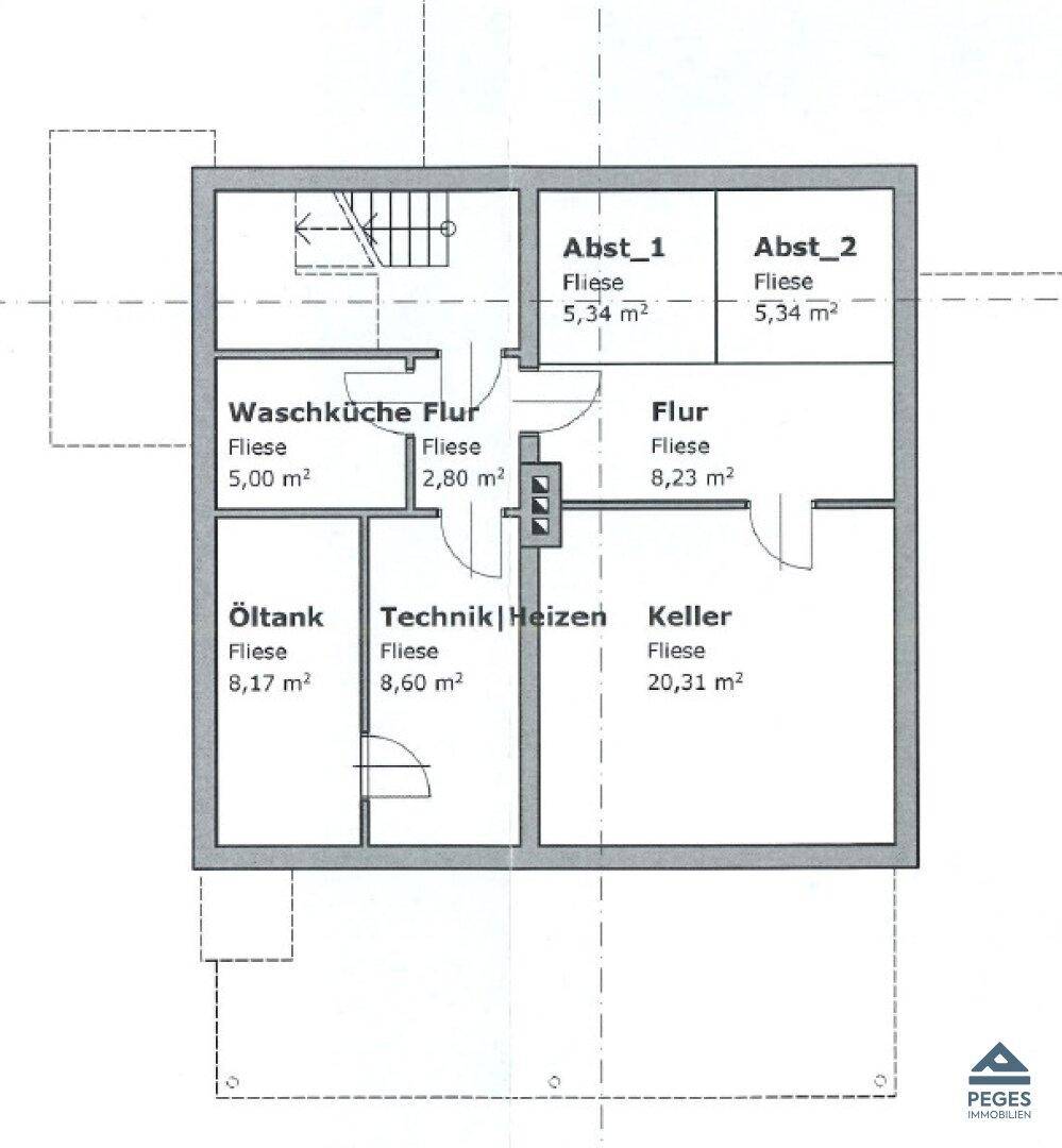 Grundriss des Kellergeschosses mit Waschküche, Technikraum, Öltank und Abstellräumen.