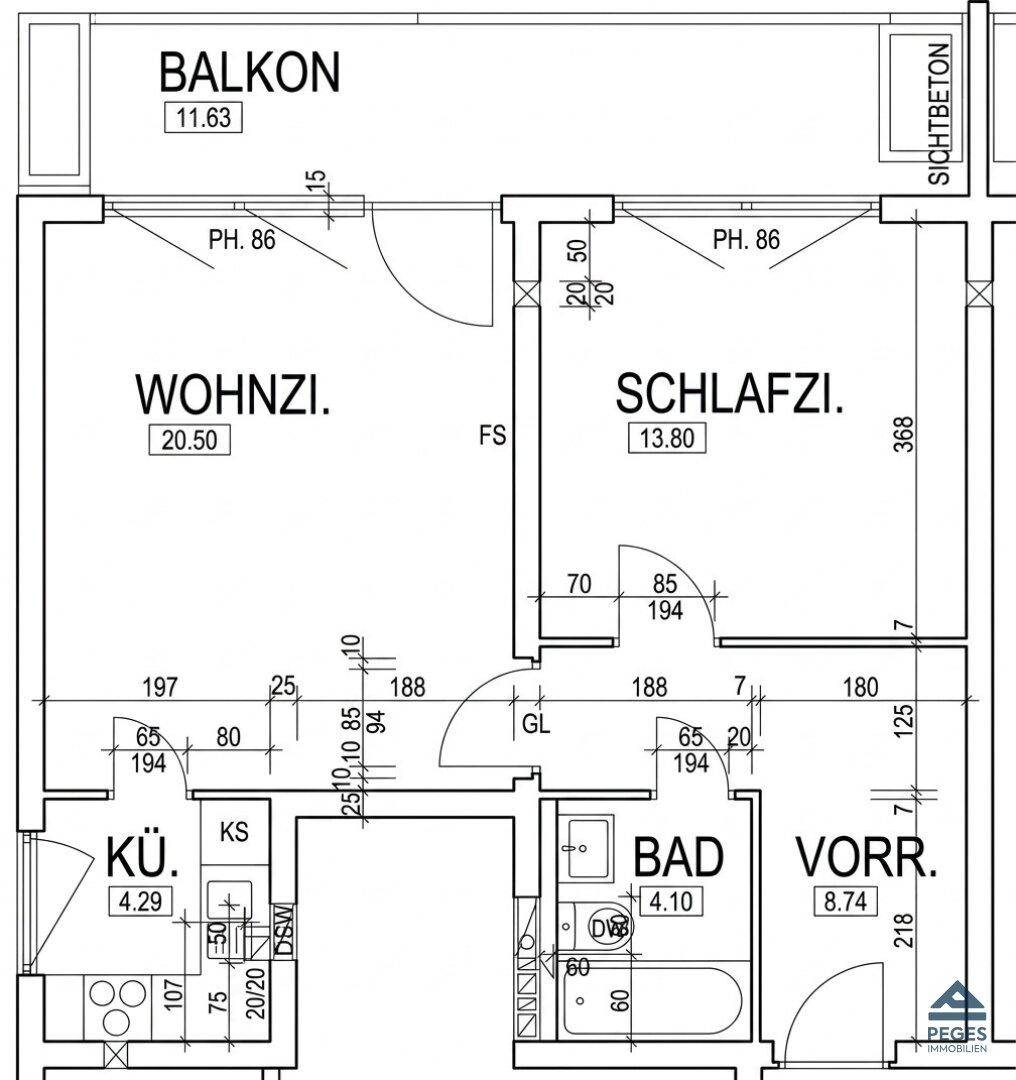 Grundrissplan einer Wohnung mit Balkon, Wohnzimmer, Schlafzimmer, Küche und Bad.