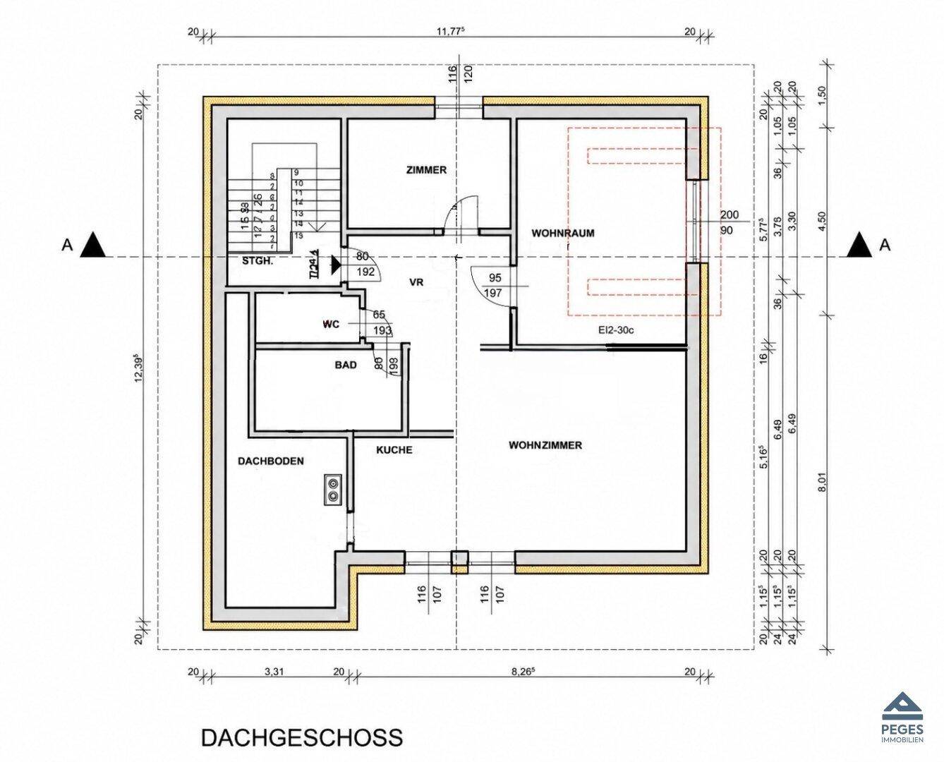 Grundriss des Dachgeschosses mit Zimmern, Wohnbereichen, Küche, Bad und WC.