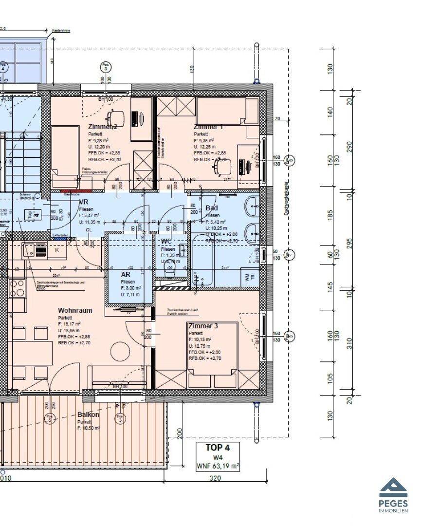 Detaillierter Grundriss einer Wohnung mit drei Zimmern, Bad, WC und einem Balkon.