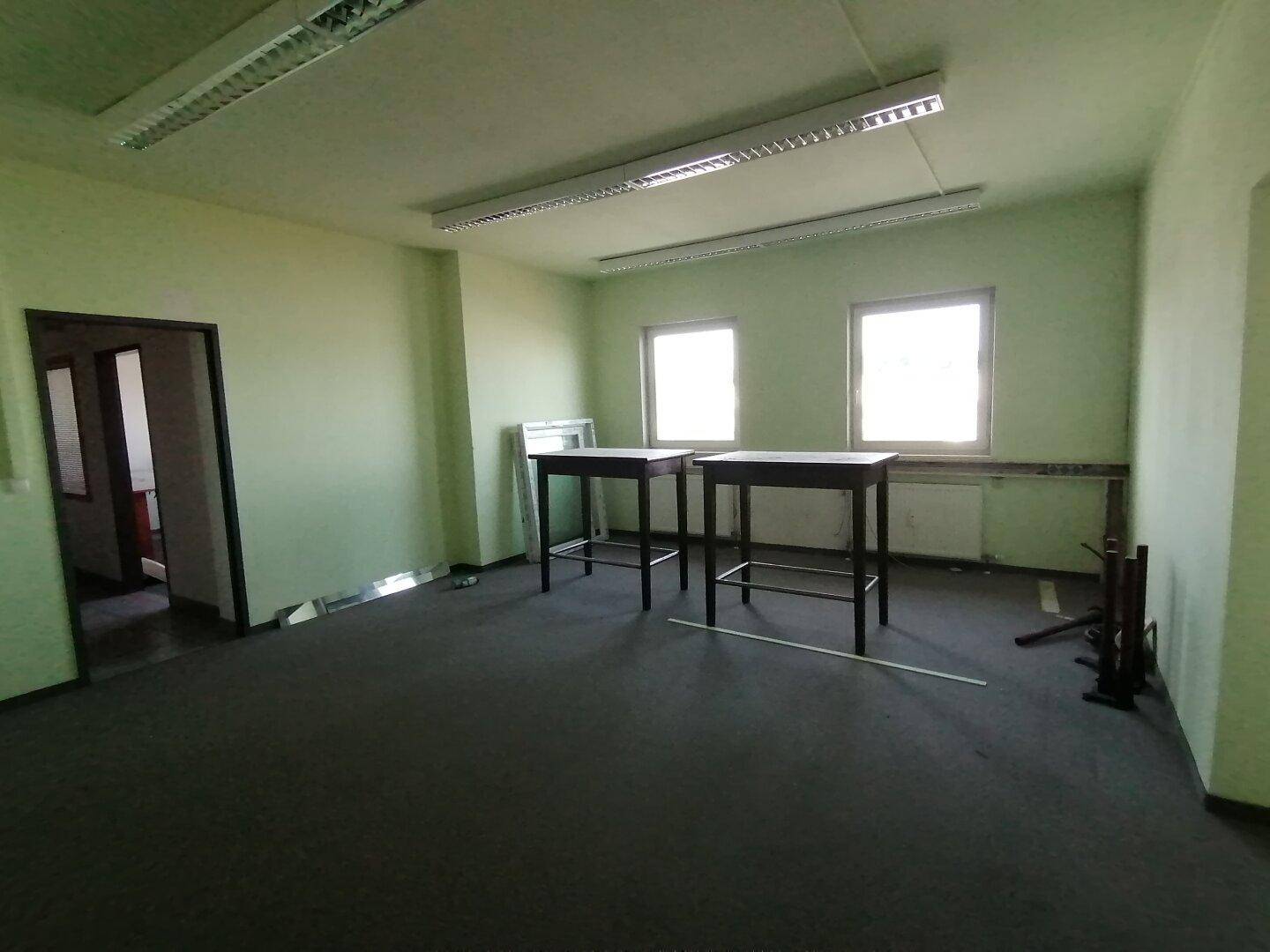 Geräumiges Büro mit grünen Wänden, Teppichboden und zwei Fenstern, teilweise möbliert.