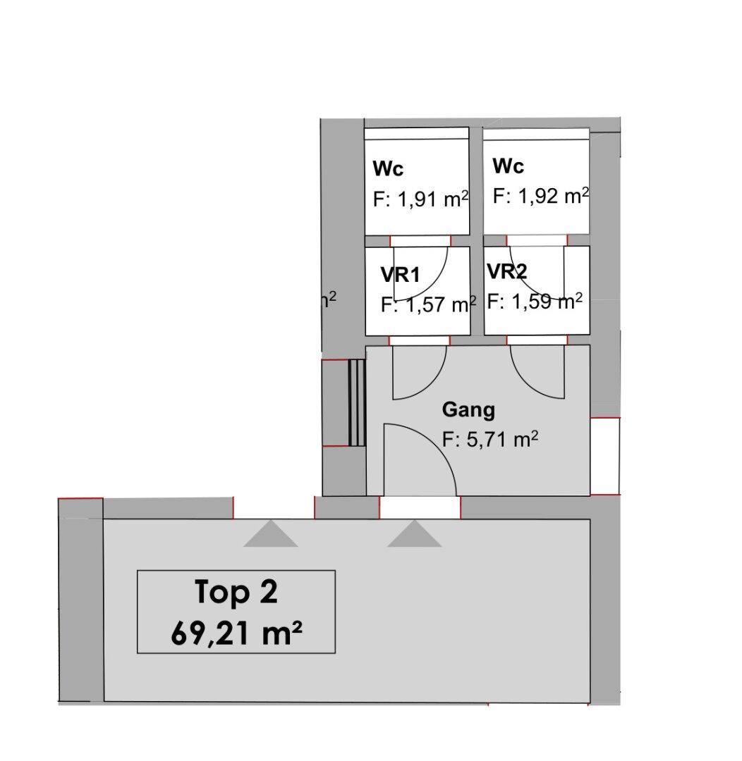 Grundriss eines kleineren Bereichs mit zwei Toiletten und einem Flur, ideal für gewerbliche Nutzung.