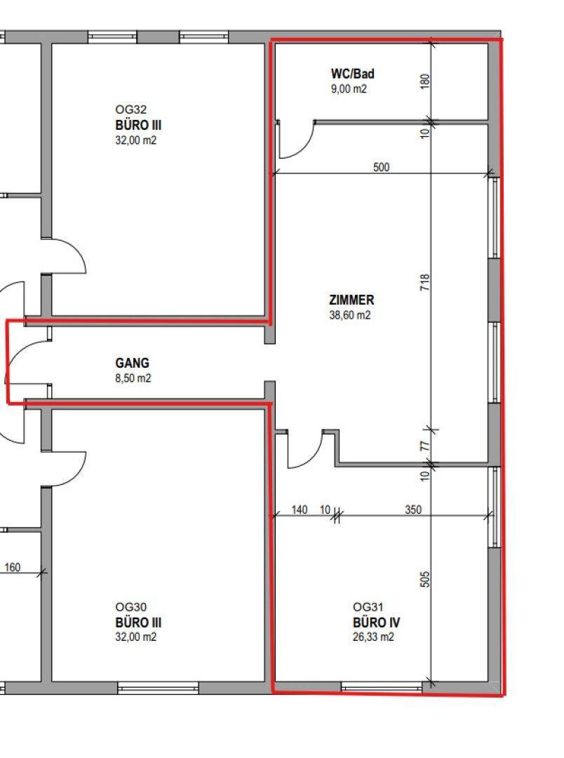 Grundrissplan zeigt mehrere Büroräume und ein Badezimmer mit WC auf einer Etage des Gebäudes.