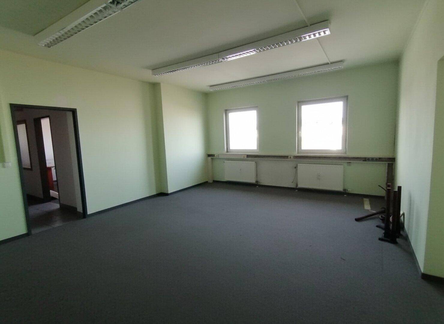 Großes Büro mit grün gestrichenen Wänden, Teppichboden und zwei Fenstern.