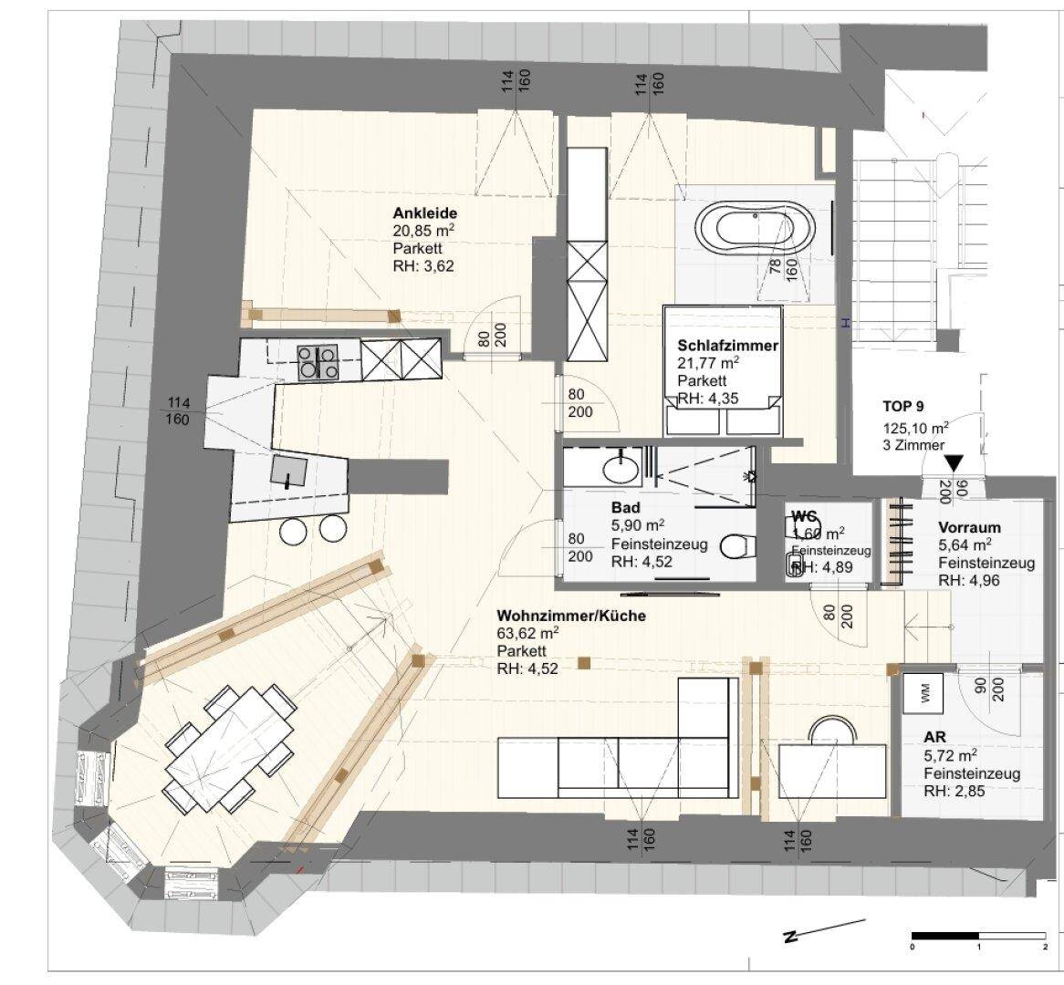 Detaillierter Grundriss einer 125,10 m² großen Wohnung mit drei Zimmern und offenem Wohnbereich.