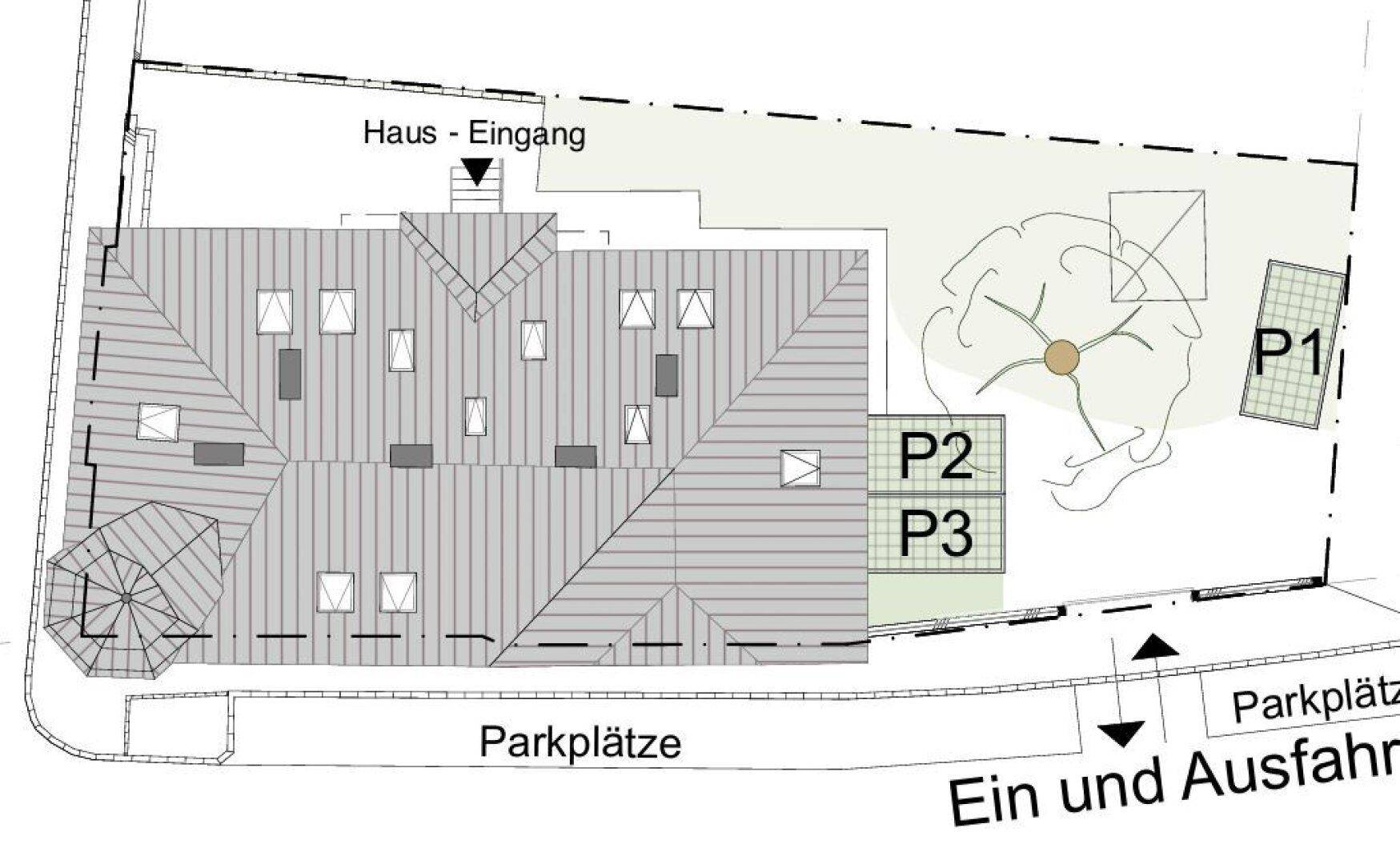 Lageplan des Gebäudes mit Eingangsbereich, Dachstruktur und ausgewiesenen Parkplätzen sowie Zufahrt.