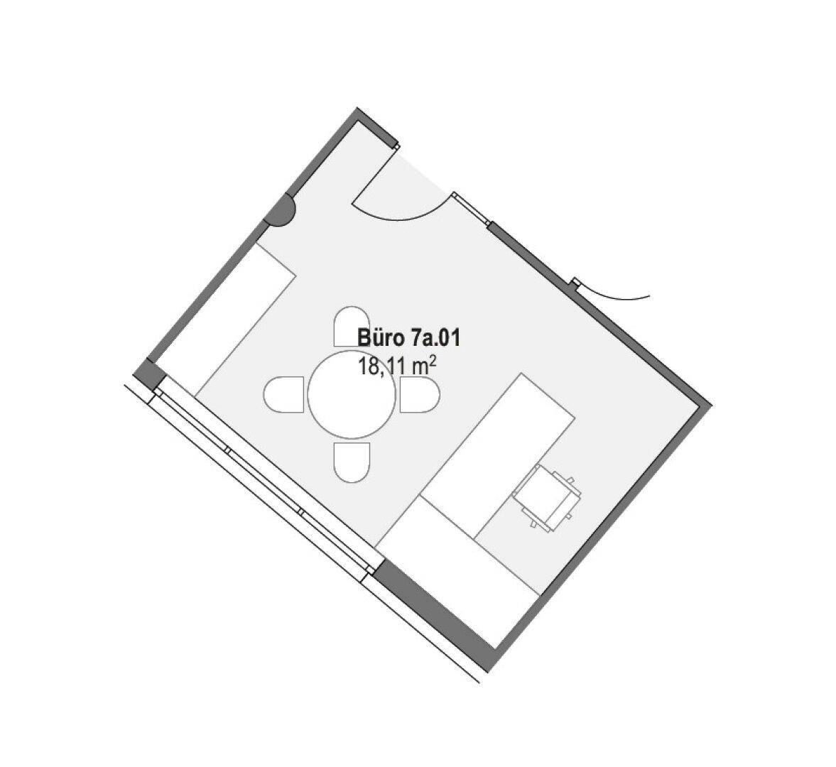 Grundriss für Büro 7a.01 mit einer Fläche von 18,11 m² und Möblierungsbeispiel.