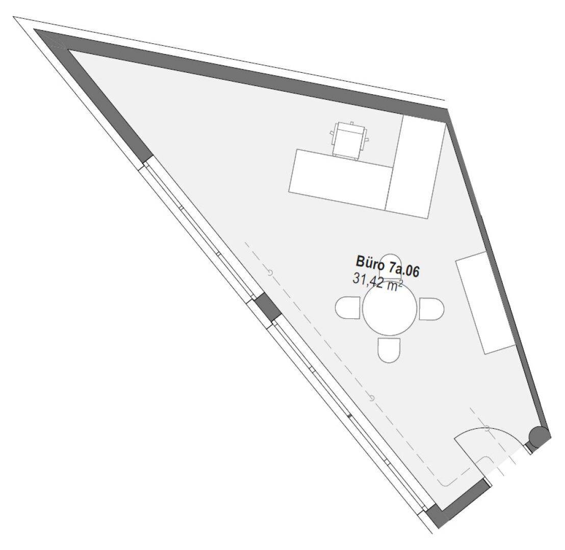 Grundriss eines dreieckigen Büros mit Schreibtisch und Besprechungsbereich, Gesamtfläche 31,42 m².