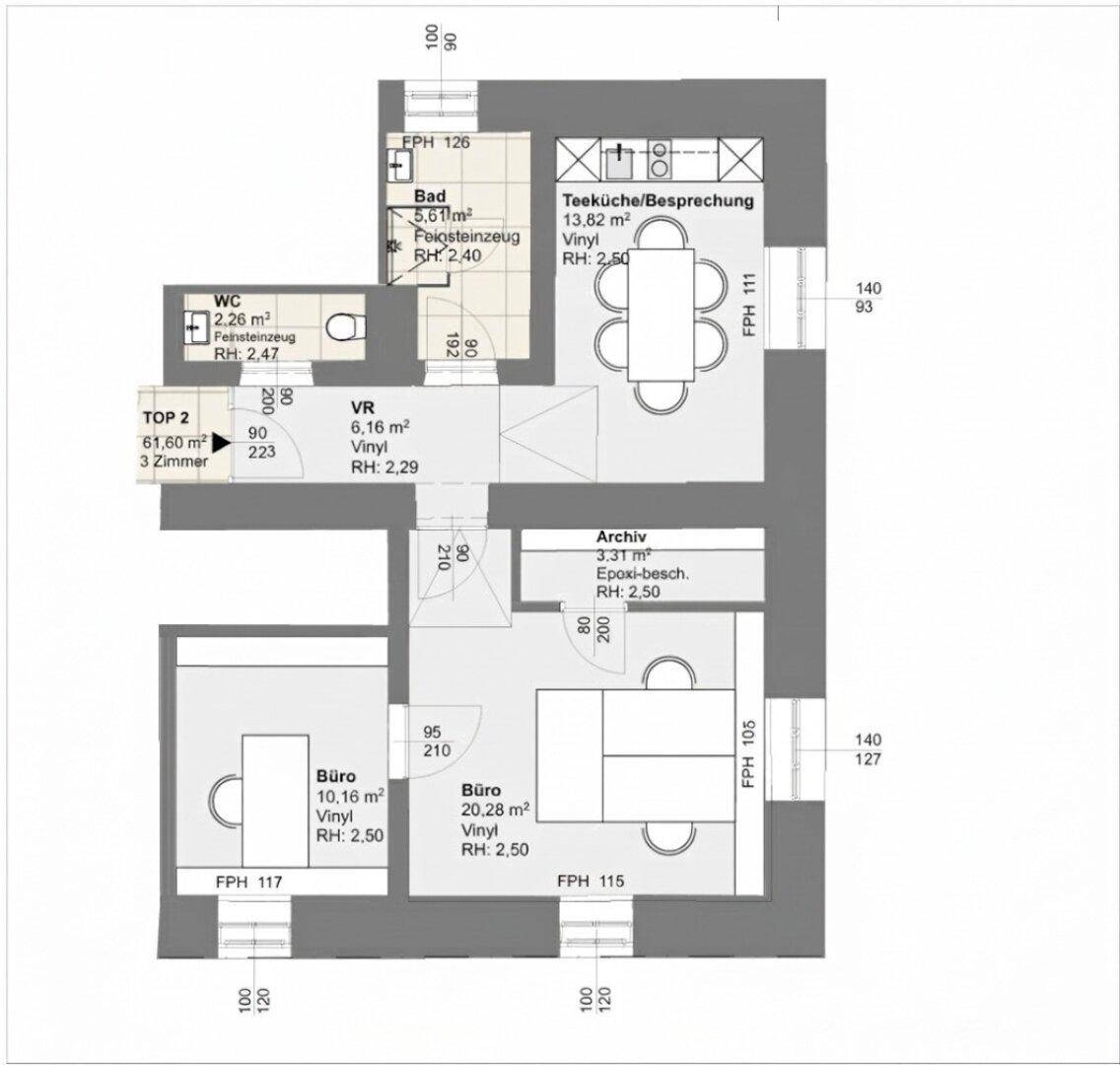 Grundriss mit Teeküche, Bad, WC und mehreren Büroräumen, gekennzeichnet mit Vinyl- und Feinsteinzeugböden.