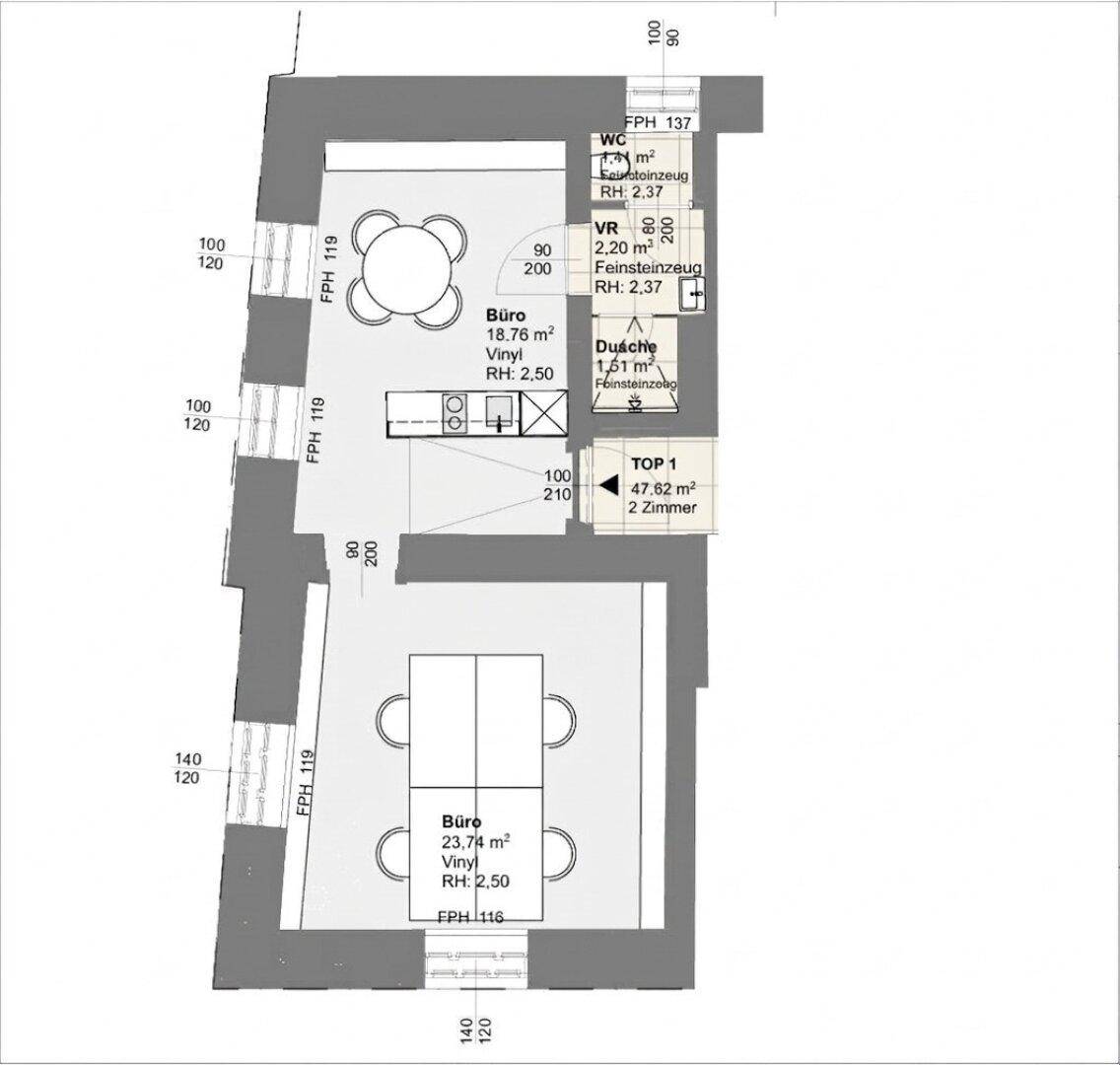 Grundriss einer 2-Zimmer-Wohnung mit zwei Büros, WC und Dusche, Gesamtfläche 47,82 m².