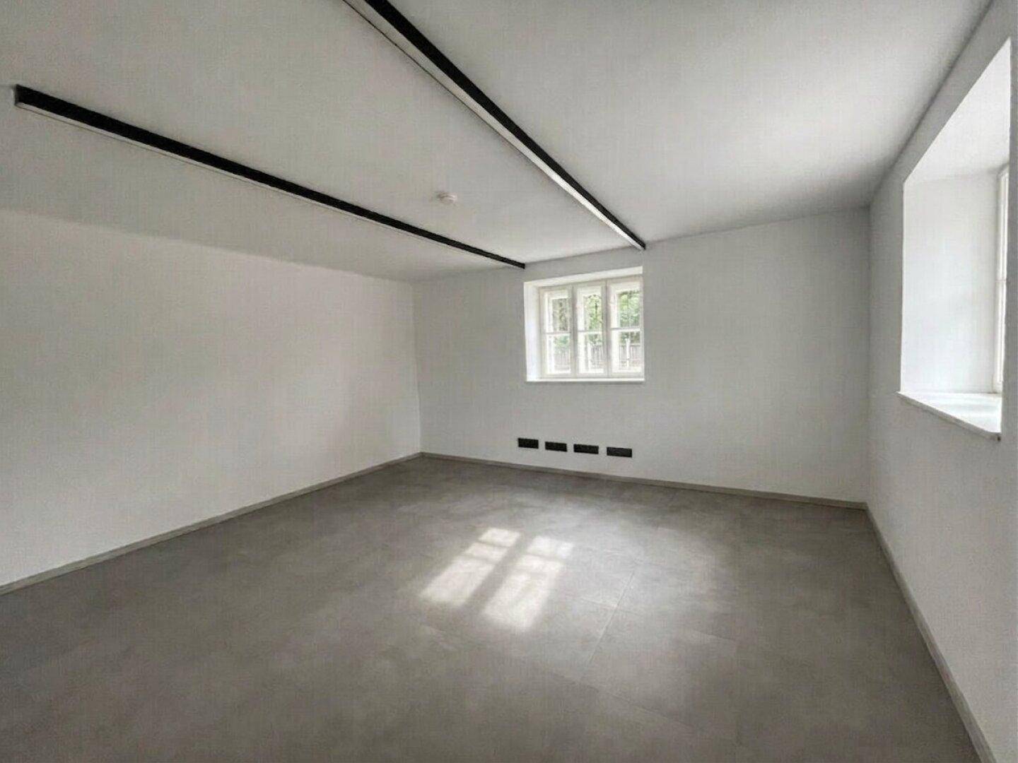 Leerer Raum mit weißen Wänden, modernem Beleuchtungssystem und natürlichem Lichteinfall durch die Fenster.
