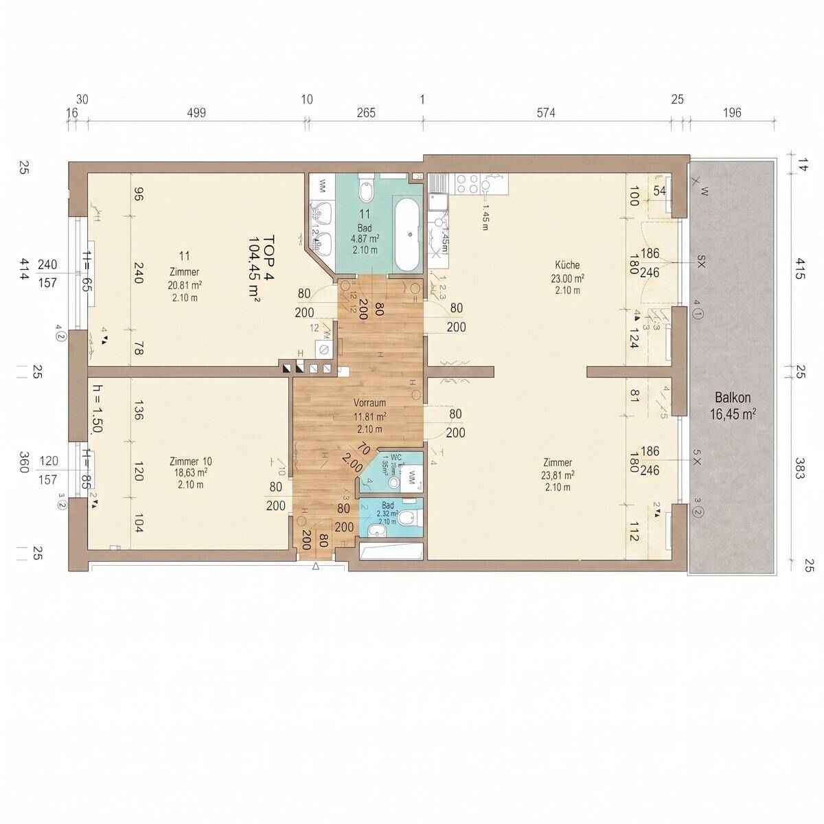Detaillierter Grundriss einer Wohnung mit drei Zimmern, Bad, Küche und großem Balkon.