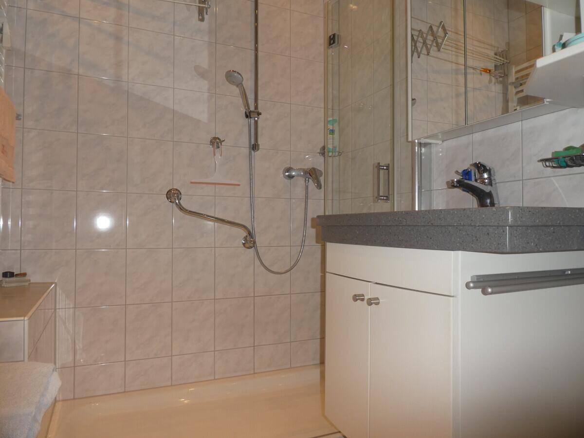 Modern gefliestes Badezimmer mit Dusche, Waschtisch und Haltegriffen für Barrierefreiheit.
