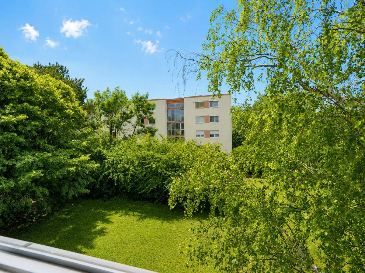 Grüner Gartenbereich mit Rasen und Bäumen vor einem Mehrfamilienhaus unter blauem Himmel.