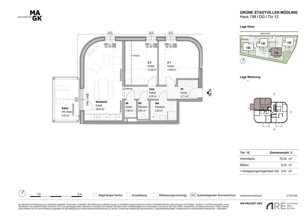 Grundriss einer modernen Wohnung mit offenem Wohnbereich, zwei Schlafzimmern, Bad, separatem WC und Balkon.