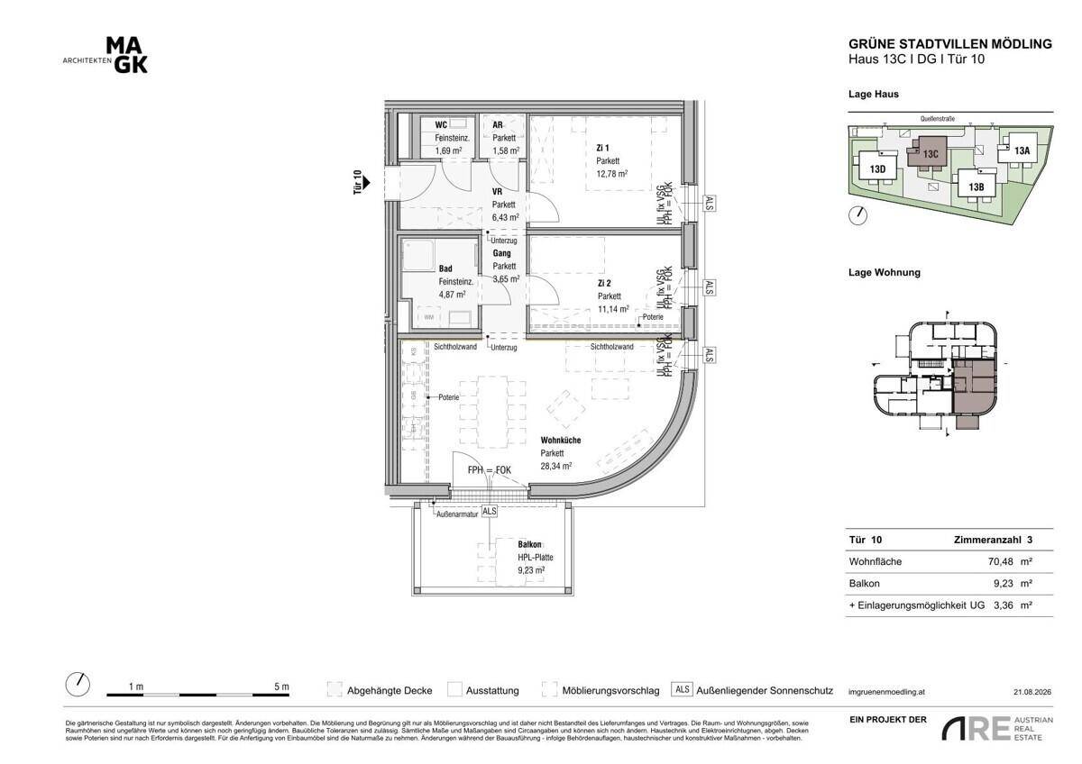 Detaillierter Grundriss einer Wohnung mit drei Zimmern, Balkon und offenem Wohnbereich.