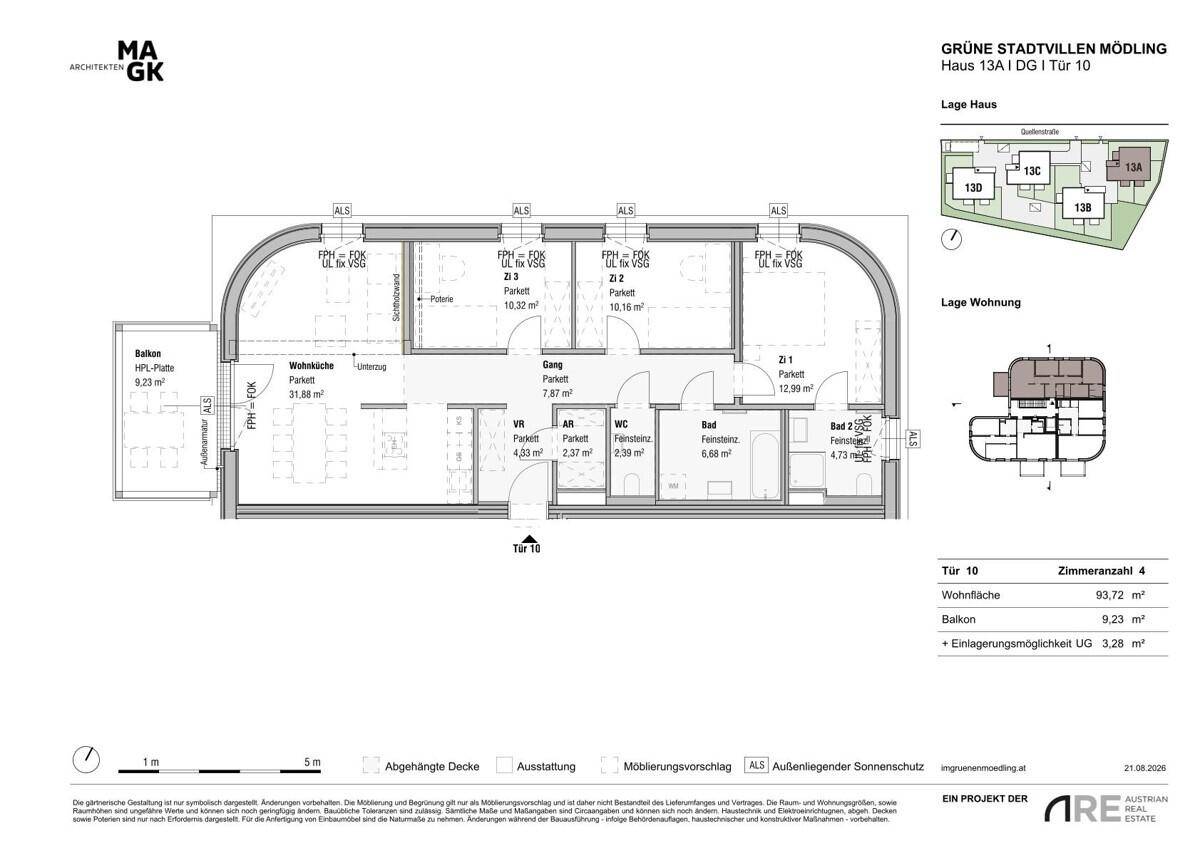 Detaillierter Grundriss einer Wohnung mit Balkon, drei Zimmern und offenem Wohnbereich.